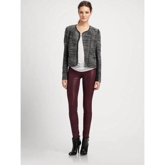 Rebecca Taylor Tweed Asymmetric Faux Leather Trim Jacket Grey Boucle Size 2 Moto - Picture 4 of 16